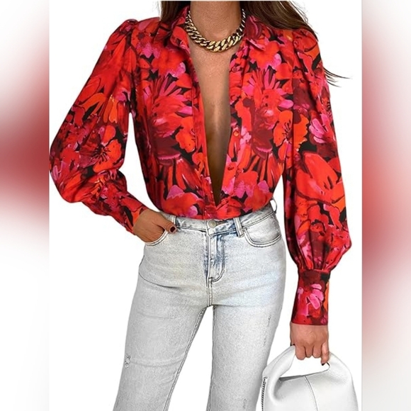 Red and Pink Puff Sleeve Blouse with Notched Collar - Picture 2 of 14
